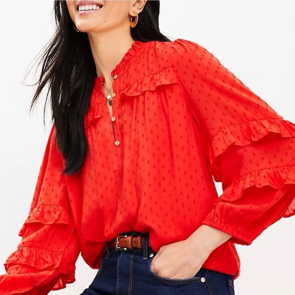 NWT Loft Clip Ruffle Button Blouse Red Orange Boho Size XL Ruffle Sleeves - Picture 2 of 12